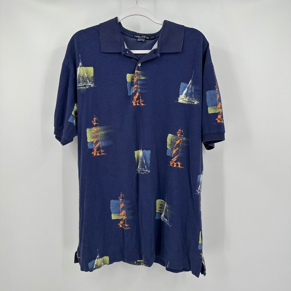 Nautica Mens Lighthouse Sailboat Print Polo Shirt Size L Regata Maritime 90s